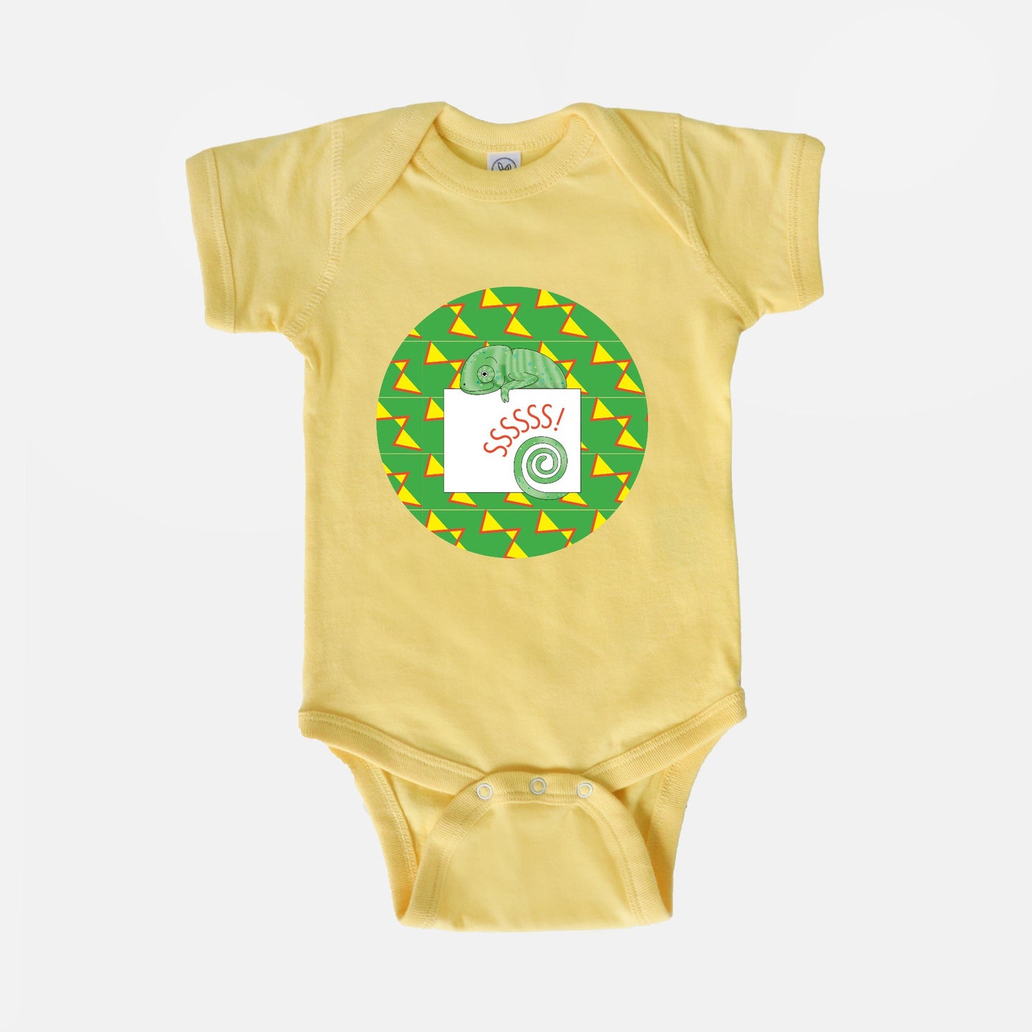 Jungle Animals Chameleon Short-Sleeve Baby Bodysuit, Yellow Pattern