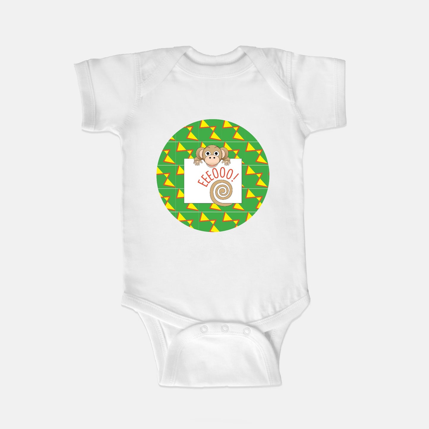 Jungle Animals Monkey Short-Sleeve Baby Bodysuit, Yellow Pattern