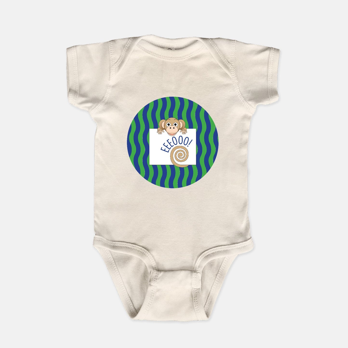 Jungle Animals Monkey Short-Sleeve Baby Bodysuit, Green Pattern